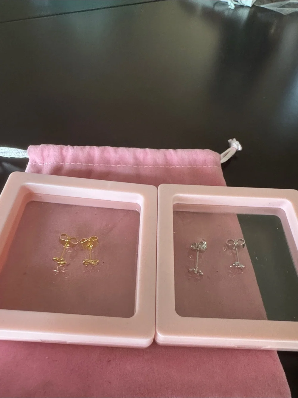 Kids Pink Bow Stud Earrings Set - Gold & Silver